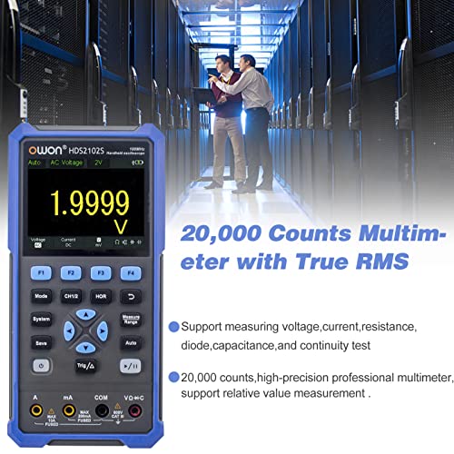 Image of OWON HDS2102S 2CH Handheld Oscilloscope 100MHz Bandwidth 20000 Counts Multiumeter OSC + DMM + Waveform Generator