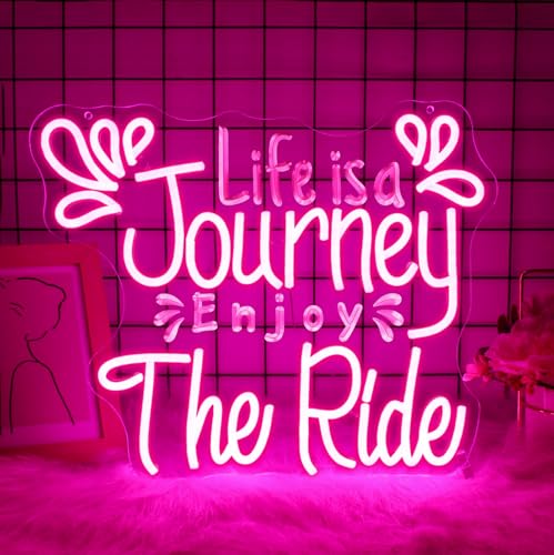 Image of Neon Sign, Life Is a Journey Enjoy the Ride Neon Signs for Wall Decor Pink LED Light up Girls Room Party Preppy Decoration USB Powered