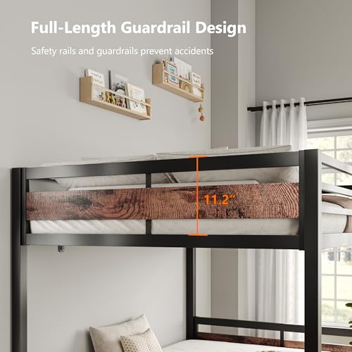 Image of iPormis Metal Bunk Bed Full Over Full, Heavy Duty Bunk with High Guardrail and Safety Entrance Design, Under-Bed Storage Space, Easy Assembly, Noise Free, Rustic Brown