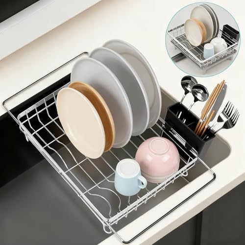 MERRYBOX 水切りラック ステンレス キッチンカウンター用、伸縮水切りラックシンク上、水切りカゴシンク内、多機能食器水切り食器ホルダー付