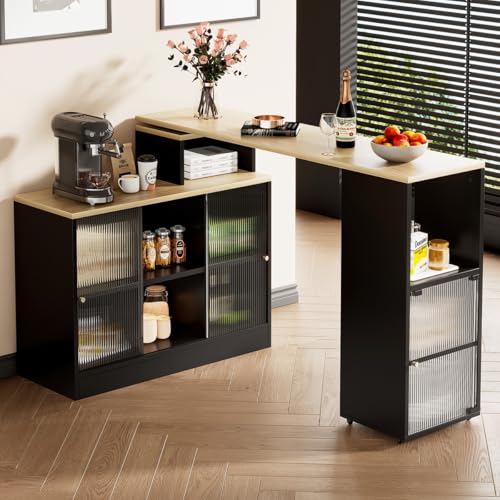 Hennhari Table De Bar Extensible Moderne avec Espace De Rangement, Buffet Mobile avec Étagères Et Portes Coulissantes en Verre, Table À Manger Pivotante...