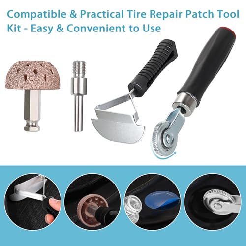 Image of OwnMy 60+3PCS Tire Patch Repair Tools Kit, Tire Patch Kit for Car Bike Motorcycle Truck, Includes 60PCS Tire Patches (1.4 inch /1.6 inch /2.2 inch), Repair Buffer Wheel, Tire Patch Roller, Inner Liner Scraper