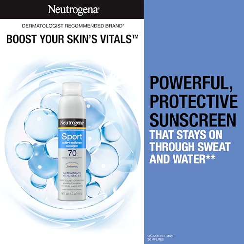 Image of Neutrogena Sport Active Defense SPF 70 Sunscreen Spray, Sweat & Water Resistant Spray Sunscreen with Broad Spectrum Protection for Sunburn Prevention, Oxybenzone-Free, Twin Pack, 5 oz, 2 Pack
