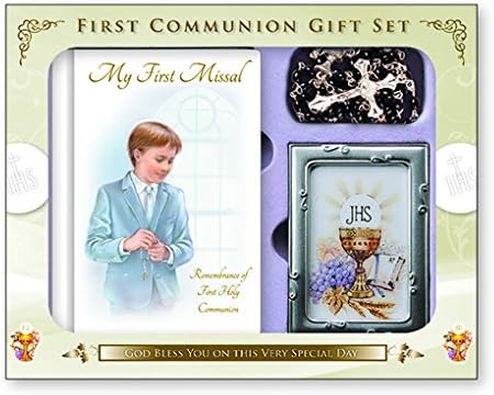 My First Holy Communion Gift Set For A Boy - My First Missal - Black & Gold Rosary & Photo Frame
