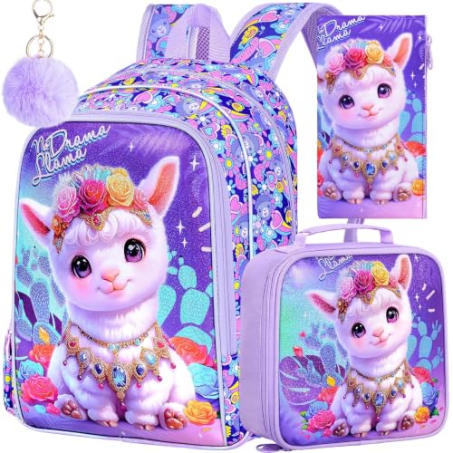 Image of AGSDON 3PCS Alpaca Kids Backpack, 16 inch Large Capacity Elementary Backpacks for Girls, Lightweight Toddler Schoolbag with Lunch Box