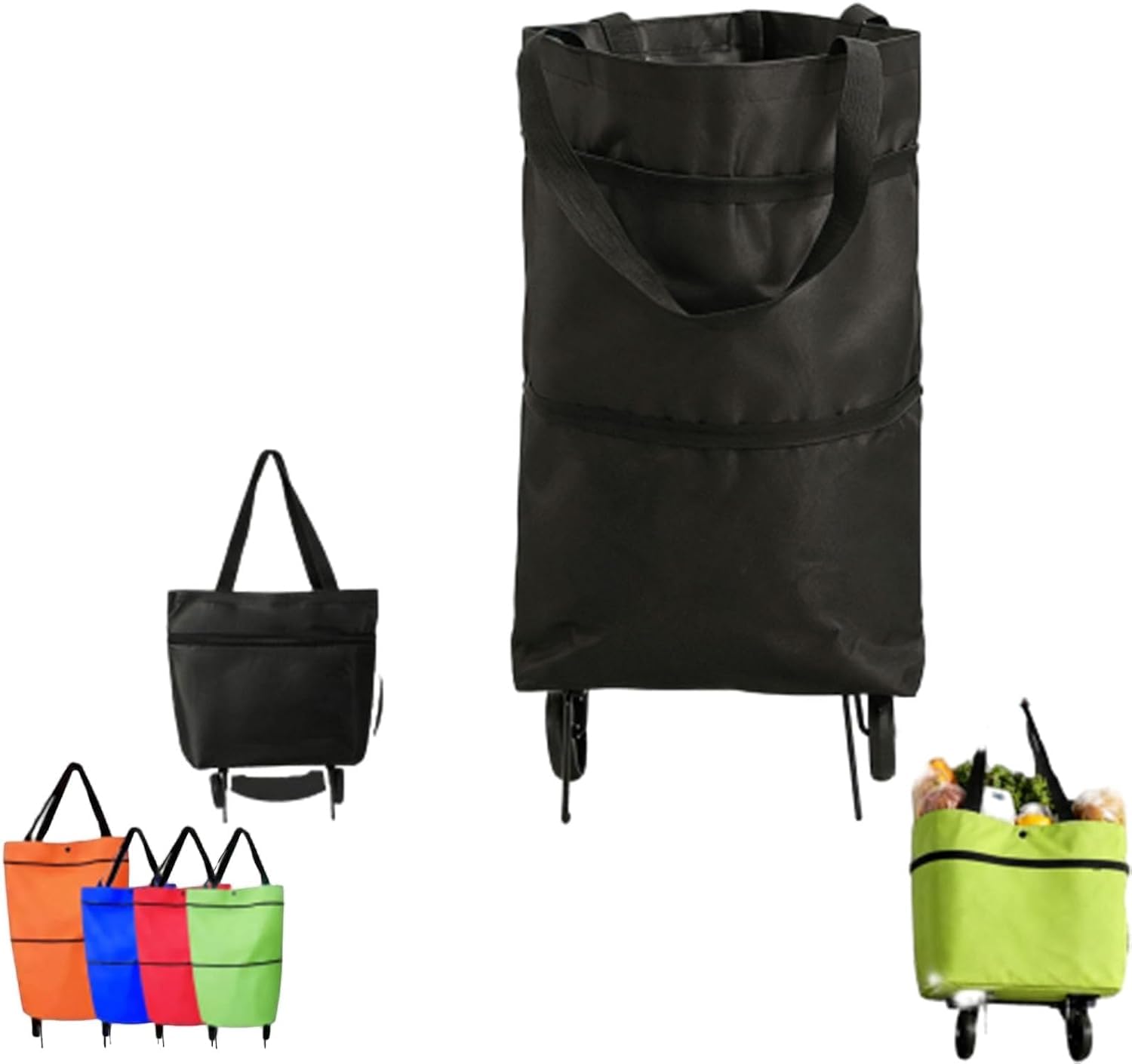 2-in-1 Foldable Shopping Cart with Wheels Waterproof Oxford Fabric Grocery Bag Hand Truck Collapsible Portable Rolling Tote for Supermarket Laundry Travel (Black)