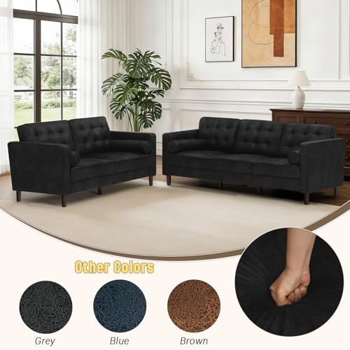 Image of Suede Leather Upholstered Sofa Set with Tufted Backrests, Black | 3 Seaters Couch and Loveseat Sofa with Bolster Pillows, 2 Pieces Living Room Set for Living Room, House