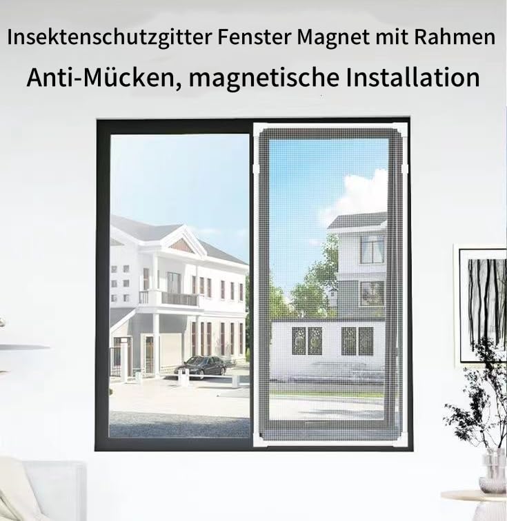 Insektenschutzgitter Fenster Magnet mit Rahmen - DIY Zuschneidbar Bildschirmfenster, Ohne Bohren, Starker Magnetrahmen & Glasfaser-Mesh (Schwarz, 140x180)