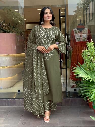 Image of GoSriKi Kurta Sets for Women Rayon Viscose Bandhani Printed | Kurti Set for Woman | Kurta Pant Dupatta Set | Straight Kurti | Round Neck 3 /4 Sleeve Suit Set for Women Stylish Ethnic Outfit