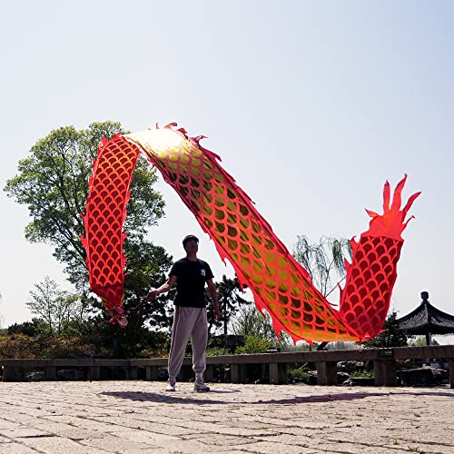 DSJUGGLING Golden Dragon Poi with 3D Real-Like Plastic Dragon Head and Swing Rope Combo, Chinese Dragon Dance Wulong Flowy Flinging Dragon Body Ribbon Streamer Set (Red)