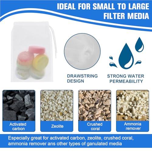 Image of Aquarium Filter Bags, 9x5 Inch Fish Tank Media Mesh Percolation Bag High Flow Fine Mesh Net with Elastic Band for Fish Tank Bio Balls, Activated Pelletized Carbon, Net Hole 0.2mm White(6 Pcs)