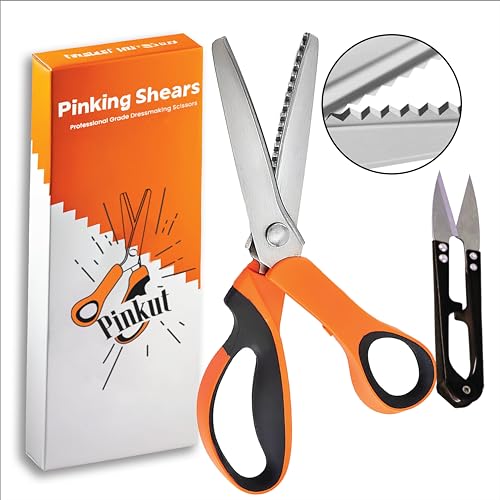 Pinkut Pinking Shears for Fabric Cutting with Soft Rubber Handles & Stainless-Steel Edges - 9 Inches Sharp Zig Zag Scissors for Crafting Dressmaking & Sewing with Thread Cutter