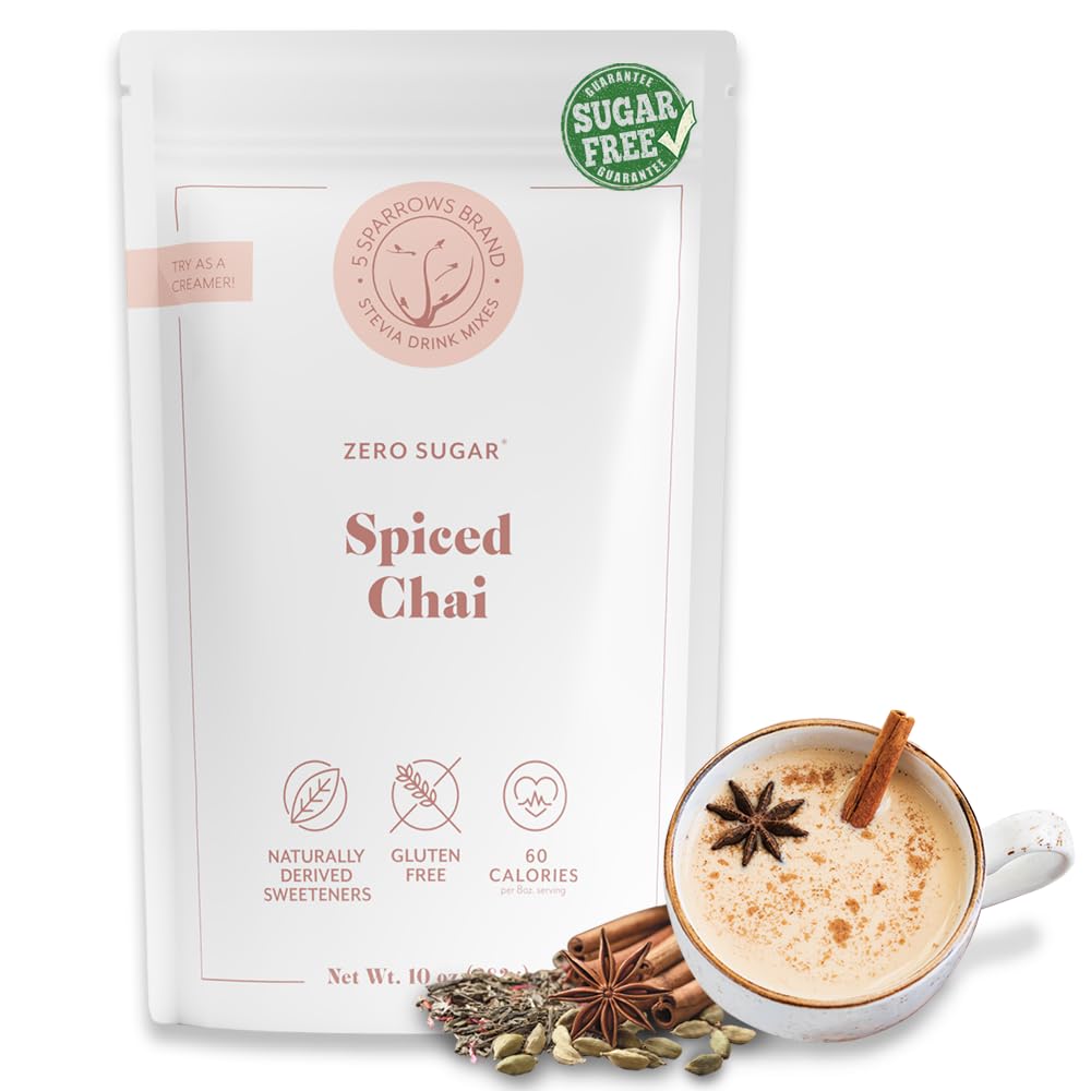 5 SPARROWS Healthy Sugar-Free Spiced Chai Tea Latte Powder - Stevia-Sweetened, Zero Sugar Coffee Creamer for Dirty Chai - Keto-Friendly Flavored Drink Mix, 10 oz