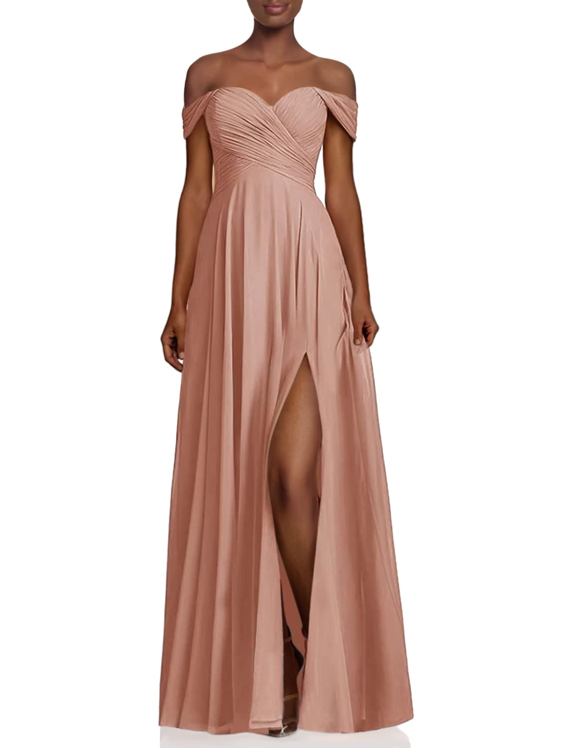 Off Shoulder Bridesmaid Dresses Long Chiffon A-line Prom Dress Formal Evening Party Gown with Slit
