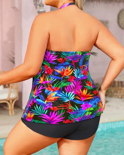 Image of Daci Plus Size Bandeau Tankini Swimsuit for Women 2 Piece Halter Swim Top with Shorts Tummy Control Bathing Suits