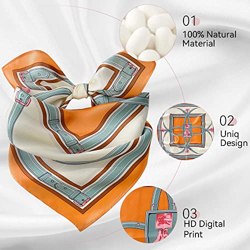 Mokoomiss 100% Pure Mulberry Silk Square Scarf For Hair-21''X21''- Women Men Natural Silk Neckerchief Digital Printed Headscarf 06B, 06B Chain Orange #TOP2