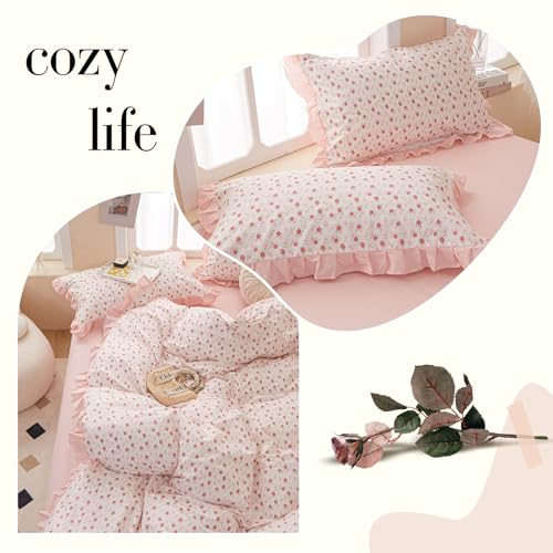 Image of VM VOUGEMARKET Blooming Duvet Cover Set Twin Pink Striped Ruffle Duvet Cover with Zipper Ties 100% Cotton Cute Romantic Girls Comforter Cover with 2 Pillowcases