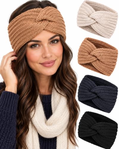 TecUnite 4 Pcs Knit Winter Headbands,Black, Dark...