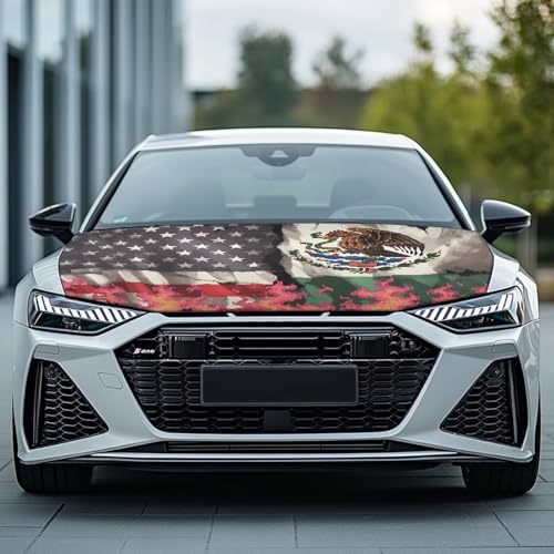 Image of Car Hood Cover Protector, an All-Weather Mexico USA Flame Flag Print Half Car Cover for Sunshade and Snow Protection, Suitable for All Seasons