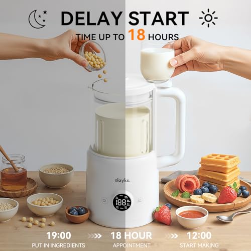 olayks.6 in 1 Automatic Nut Milk Maker, 20oz Soy Milk Maker Machine for Homemade Oat, Soy, Plant-Based Milk, Dairy Beverages, 12 Blades Almond Milk Maker with Delay Start, Self-Cleaning, Boil Water