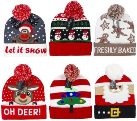vkwear Christmas LED Light Warm Winter Cuffed Knit Hat Sport Pom Ski Beanie Cap 12 Pc Multicolor