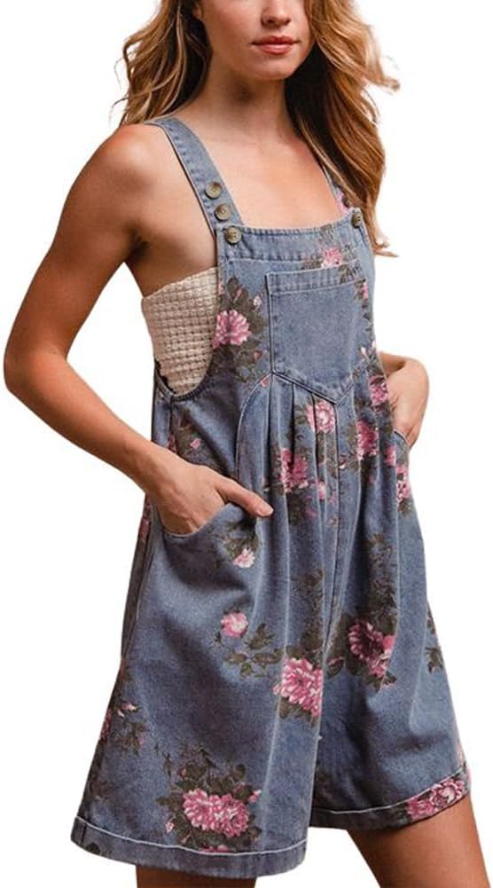 chouyatou Women's Summer Embroidered Floral Denim Short Overalls Workout Sleeveless Jean Romper with Pockets - Image 2