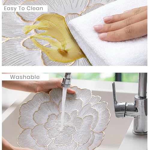 Image of Yellow Weaves 1 Pc PVC Round Table Placemat, Dining Table Mat, Stain Resistant, Anti-Skid, Waterproof, Washable, Dining, Kitchen, Restaurant Table Set Easy to Clean, Durable (Floral Golden)