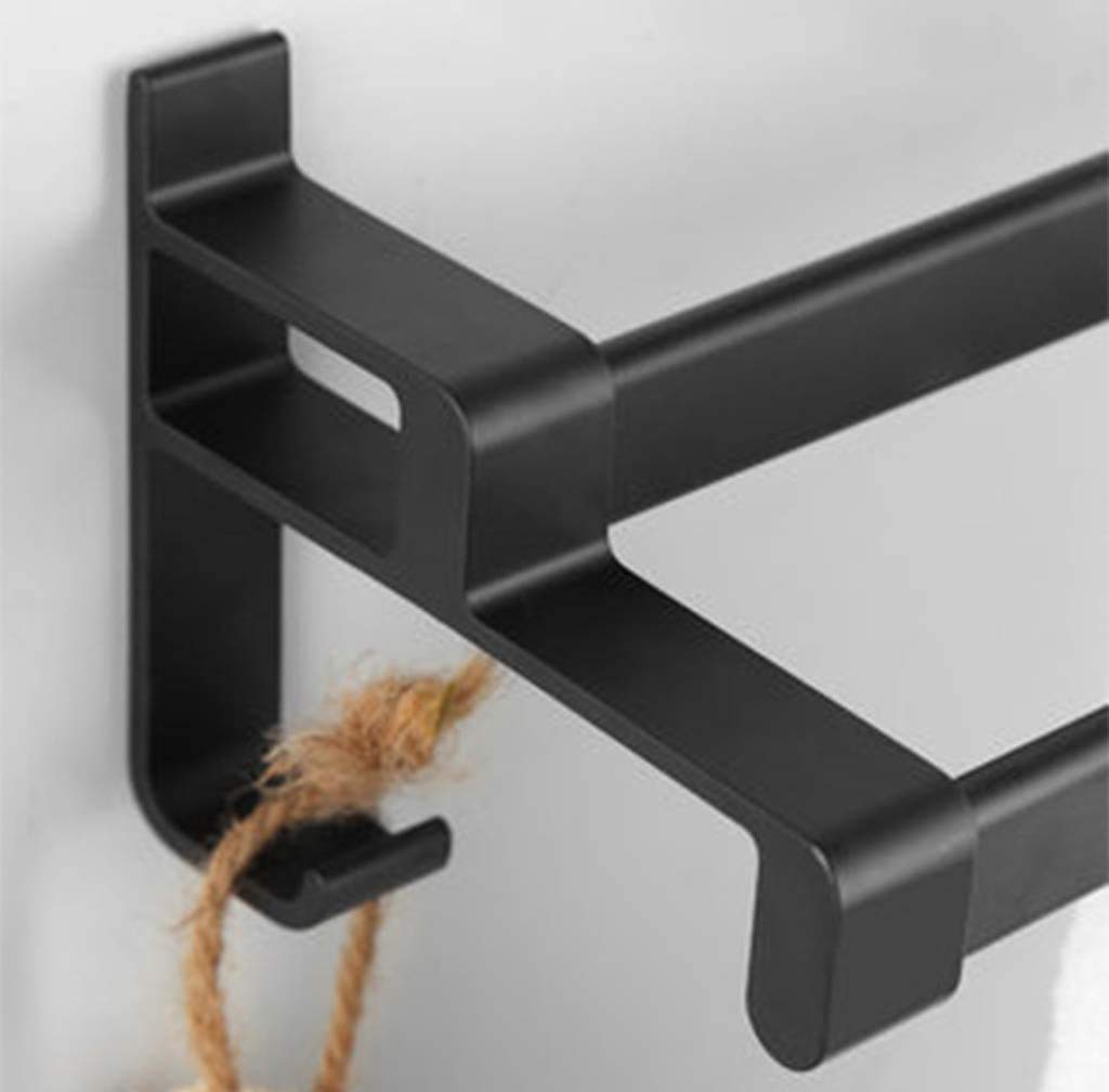 Toallero de pared con gancho de doble barra, color negro, para cocina, baño, hotel, oficina, espacio libre de perforaciones, aluminio, 80 cm
