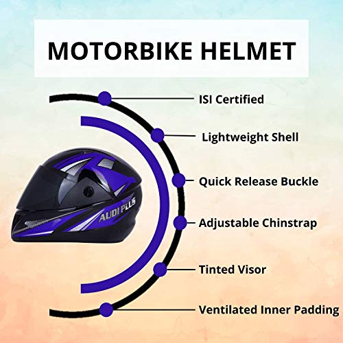 Image of Sage Square ABS ISI Certified Tinted Visor High Standard Safety Enhanced Design Extra Comfort Plus Full Face Graphic Helmet (Black Glossy, Blue, Size: Large)