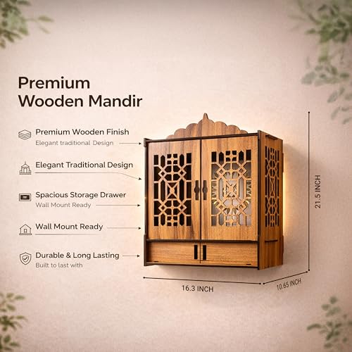 Image of Rousrie Backlit LED Temple Mandir for Home with Door, Wooden MDF, Storage Space, Wall Mounts, Big Size, 53.3x41.9x25.4 cm