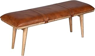 Mid Century Modern Wooden Bench with Genuine Leather Cushion, Foyer Entr...