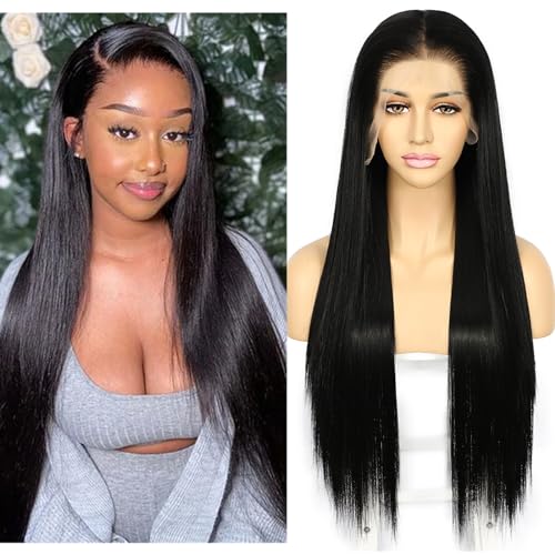 Sapphirewigs Black Straight Lace Front Wigs 13x6 Long Straight Wig for Women Lace Front Synthetic Hair 150% Density Party Daily Wear Heat Resistant 26inch