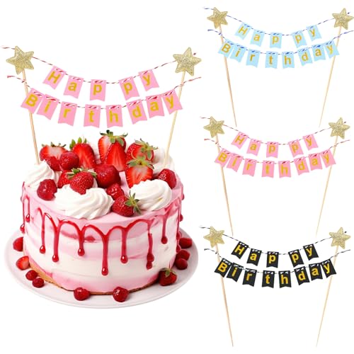 LIQWEI Juego de 3 pancartas de pastel de feliz cumpleaños, decoración para tartas de feliz cumpleaños, pancarta de pastel de estrella rosa, negra y azul con de madera, letrero de pasteles para