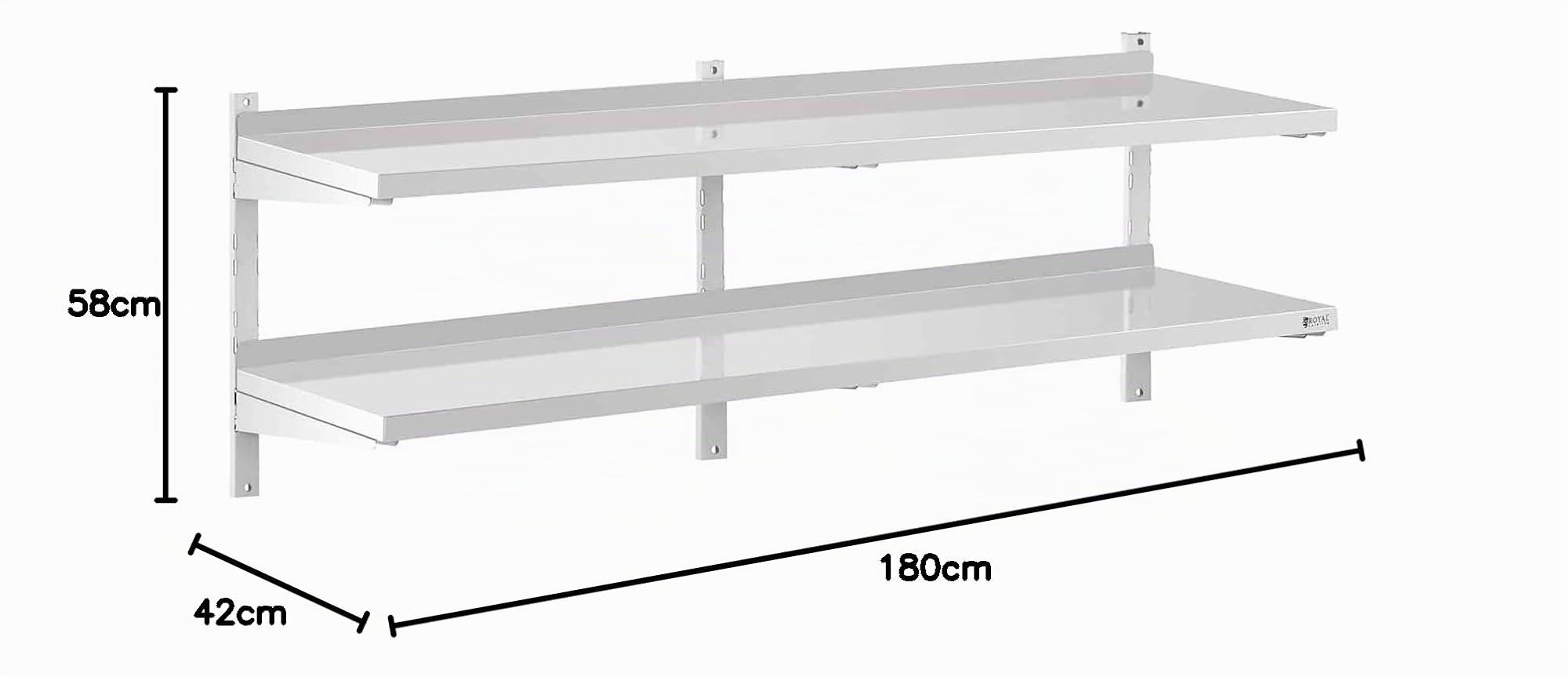 Royal Catering Estante De Pared Metálico Estantería Para Cocina RCWR-1800.4 (Capacidad: 40 kg, Acero Inoxidable, 2 baldas, 40 x 180 cm)