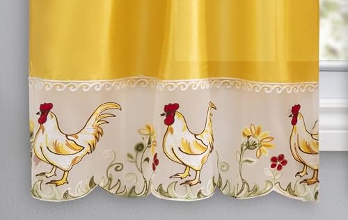 American Linen 3 Piece Embroidered Window Curtain Set, Valance And Tiers, With Embroidery (Rooster Yellow) #TOP1