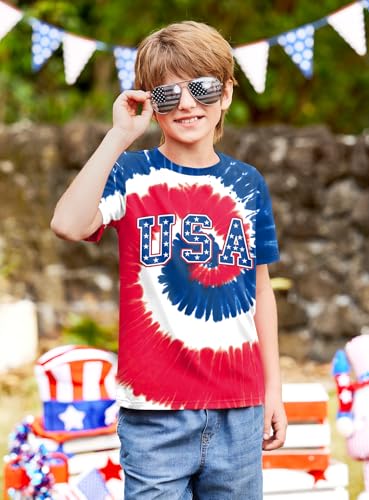 Image of BesserBay Unisex Kids 4th of July American Flag Tee Tie Dye Patriotic Short Sleeve Shirt 6-14 Years