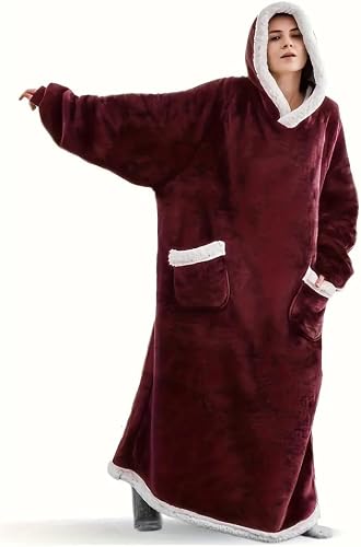 Oversized Wearable Blanket Hoodie with Vertical Pockets Loose Plush Sweatshirt Universal for Women and Men (Red)