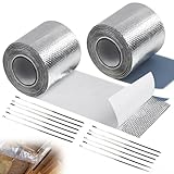 2 Stück Hitzeschutzband Selbstklebend, 5M x 5CM Aluminium Klebeband Hitzeschutzband Auspuff mit 12 Kabelbinder Auspuff Reparaturset Auspuffband Reparaturband für Auto Motorrad Krümmer