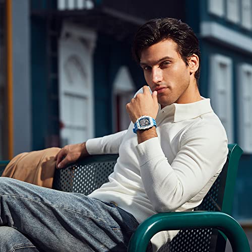 Image of TSAR BOMBA Men's Automatic Watch Tonneau Luxury Skeleton Watches for Men Mechanical 50M Waterproof Analogue Watches Mens Unique Cool Square Big Face Dial Wristwatch with Silicone Strap Band