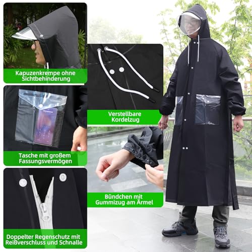 Desoto Regenponcho Extra Lang, Wasserdicht Regenmantel Radfahren Regen Poncho Portable Leichte Regenjacke Mit Kapuze, Wiederverwendbare, mit Tasche, für Backpacking Camping Outdoors (XXL, Schwarz)