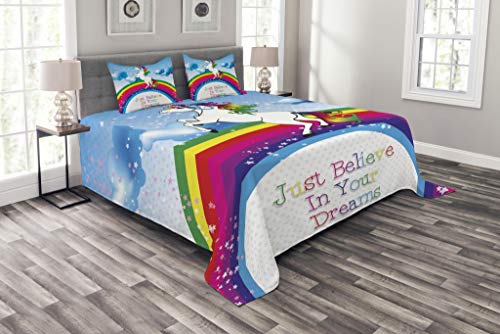 ABAKUHAUS Niños Cubrecama, Unicornio Criatura Surreal Mito y Arcoiris Nubes Estrella Cuento de Hadas Niñas, Lavable Colores Firmes, 220 x 220 cm, Multicolor