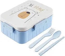 Marmita Lancheira Pote Infantil Com Tampa Divisória Marmiteira Escola Creche Passeio Lanche Fruta Bento Box 1.2 Litros Hermética Com Talheres (Urso Azul)