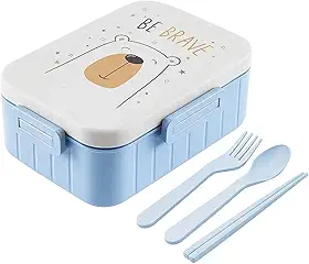 Marmita Lancheira Pote Infantil Com Tampa Divisória Marmiteira Escola Creche Passeio Lanche Fruta Bento Box 1.2 Litros Hermética Com Talheres (Urso Azul)