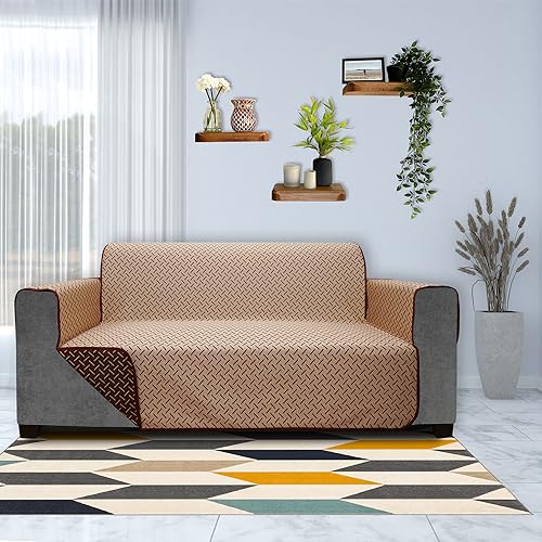 Image of DREAM KING 3 Layers 300 GSM Waterproof Reversible Sofa Cover 4 Seater with Pockets | Dust Protective Soft Fabric Sofa Seat Cover Coffee & Beige