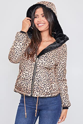 Ymi Womens Junior Reversible Faux Fur Puffer Jacket, Blkna, Small Us #TOP1