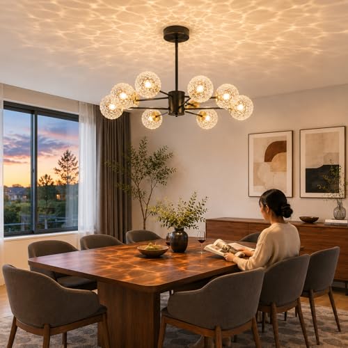 Image of Sputnik Chandeliers with Glass Shades,Modern 8 Light Chandelier for dinging Room, Black G9 Pendant Lighting Fixture,Mid Century Hanging Ceiling Light for Kitchen Island,Living Room