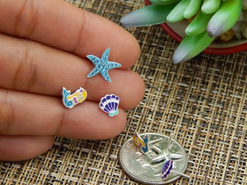 925 Sterling Silver Set of 3 Pairs Blue Mermaid, Purple Seashell, Blue Crystal Starfish Stud Earrings (Nickel Free)2