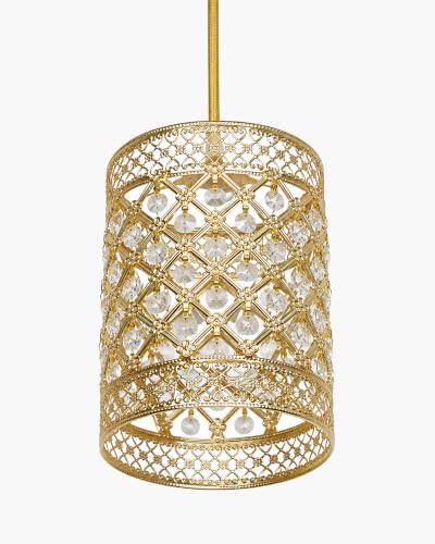 Image of Homesake Moroccan Crystal Hanging Pendant Light, Vintage Metal Jali Ceiling Lamp, Bulb Included for Living Room, Bedroom & Balcony, Warm Ceiling Light, Gold Round