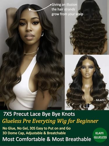 Image of KLAIYI Ombre Brown Body Wave Bye Bye Knots Glueless Wig Pre Cut HD Lace Front Wigs Human Hair Chestnut Brown Loose Wave Pre Bleached Pre Plucked Wear and Go Wig with Dark Roots 3S Ready to Wear 22Inch