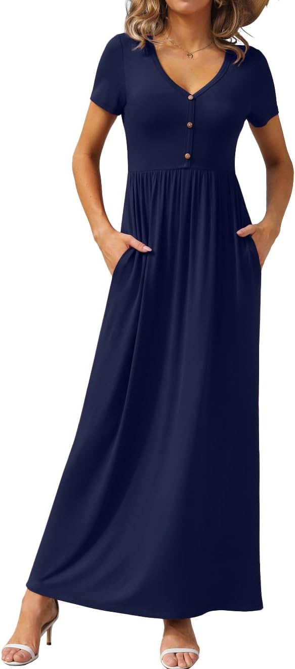 GRECERELLE Womens Long Maxi Dresses 2025 Short Sleeve V Neck Casual Summer Button Dress with Pockets